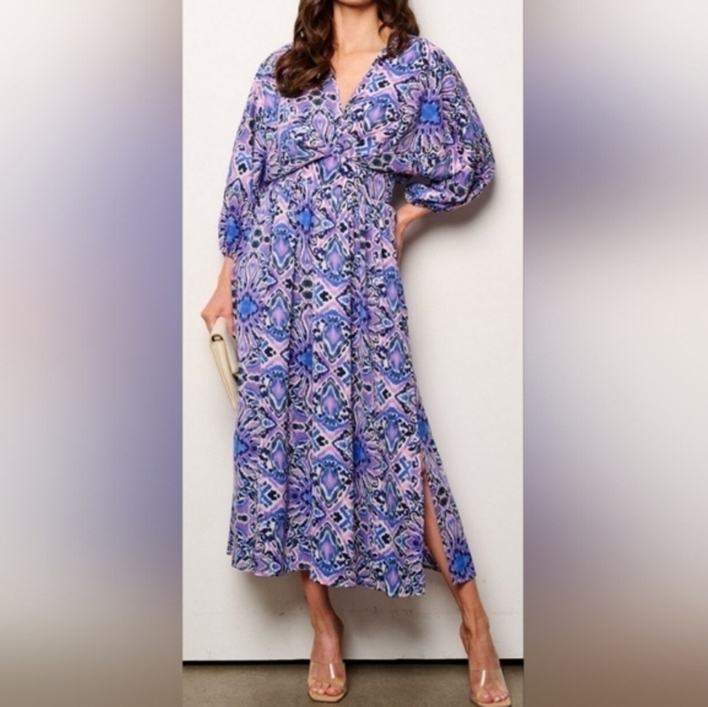 WOMENS 3/4 SLEEVELE V-NECK SMOCK WAIST MULTI PRINT MAXI DRESS PURPLE SMALL